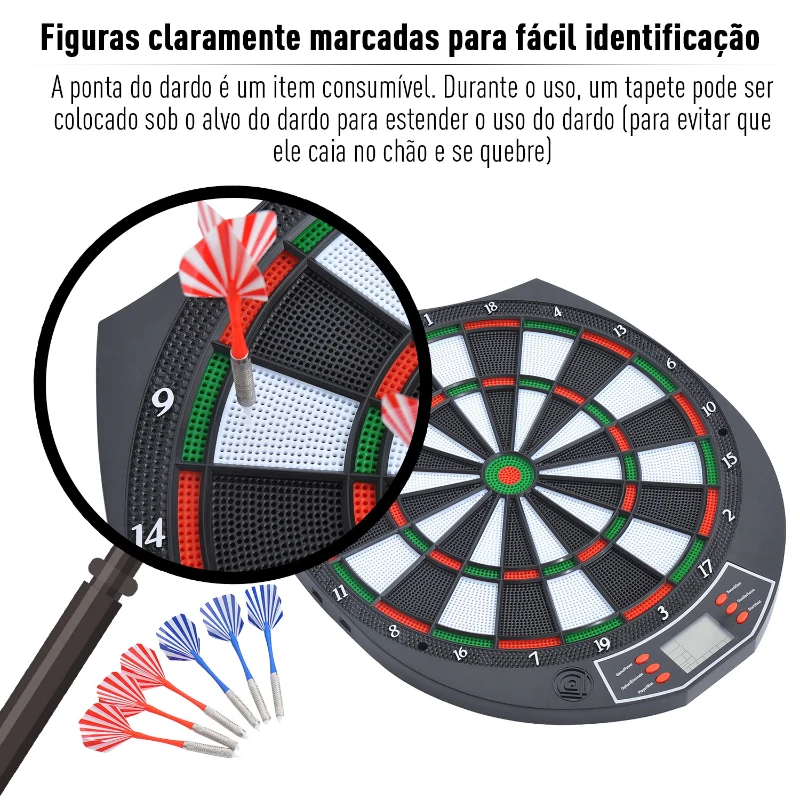 HomCom Alvo Eletrónico Digital 18 jogos e 159 Variantes + 6 Dardos de Ponta Plástica 37,8x43,1x2 cm