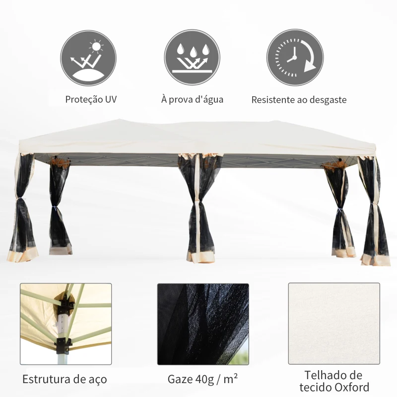 Outsunny Tenda Dobrável para Jardim com 6 Cortinas Rede Mosquiteira e Bolsa de Transporte 591x297x255 cm Creme e Preto