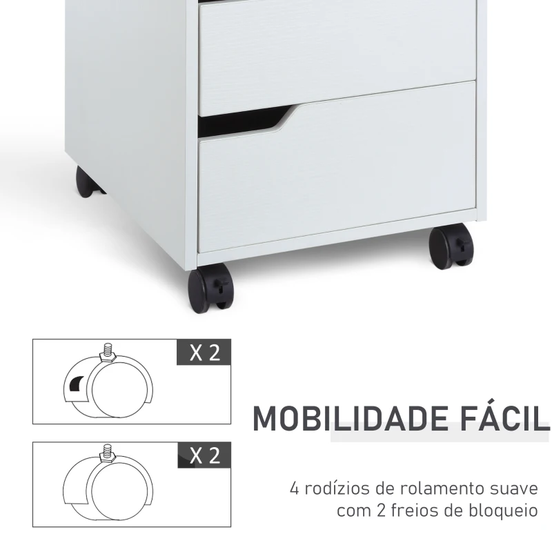 HOMCOM Bloco de Gavetas para Escritório Móvel de Escritório Bloco de Gavetas com 3 Gavetas e 4 Rodas 40x50x57,5 cm Branco