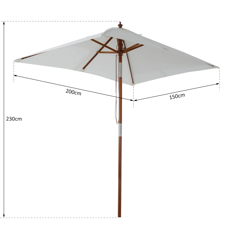 Outsunny Chapéu de Sol de Jardim 200x150x230cm Chapéu de Sol Retangular Inclinável com Polia Duplo Teto e Mastro Desmontável de Madeira para Terraço Pátio Creme