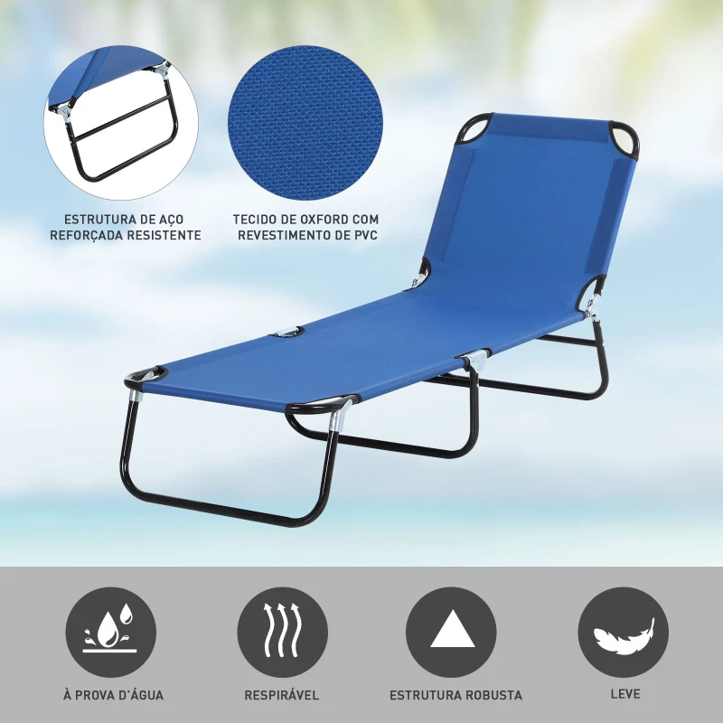 Outsunny Espreguiçadeira dobrável reclinável com ângulo ajustável de 3 posições para exterior carga 120 kg 190x56x28 cm Azul