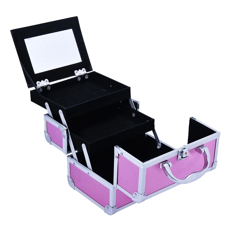 HOMCOM Estojo de Maquiagem Profissional Portátil de Cosméticos com Bandejas de 3 Níveis e Espelho 2 Chaves para Porta-Joias Manicure 15x15x20cm Rosa
