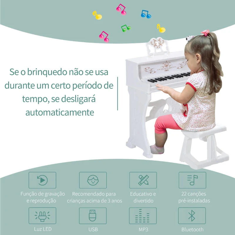 HOMCOM Piano Elétrico Infantil de 37 Teclas Conjunto de Piano com Microfone Banco Luzes e 22 Canções USB/MP3/Bluetooth Karaokê 53,5x27x63cm Branco