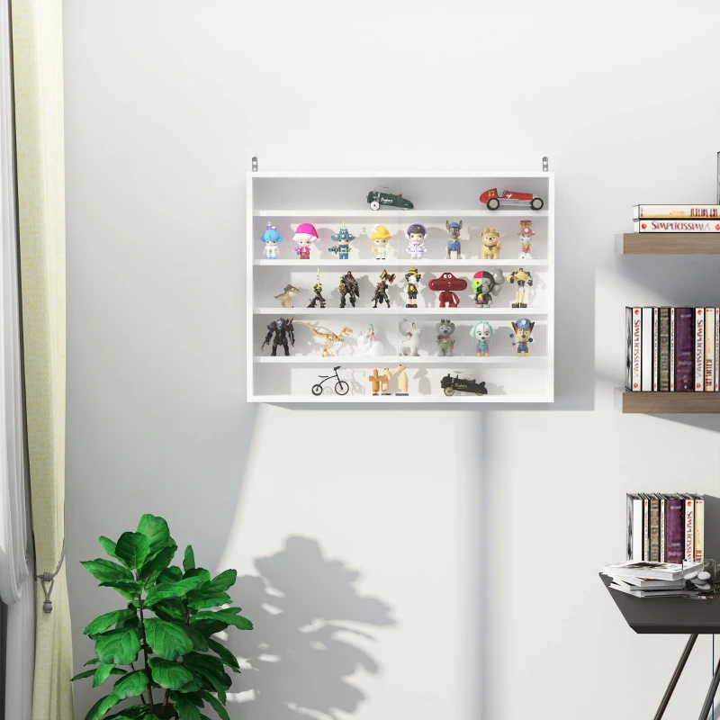 HOMCOM Vitrine de Parede de Madeira com Prateleiras Ajustáveis e 2 Portas Corredeiras de Vidro para Coleções Perfumes Bonecos de Decoração 80x9,5x60cm Branco