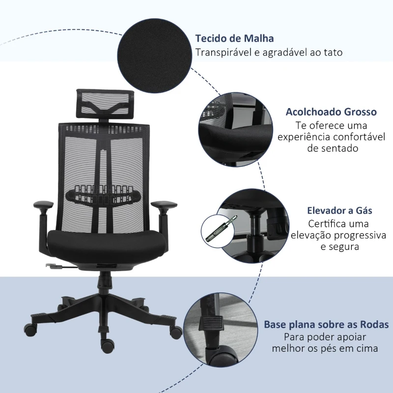 Vinsetto Cadeira de Escritório Ergonômica Giratória e Reclinável com Altura Ajustável Apoio para os Braços Apoio para a Cabeça e Suporte Lombar Regulável 66,5x66x109-118cm Preto