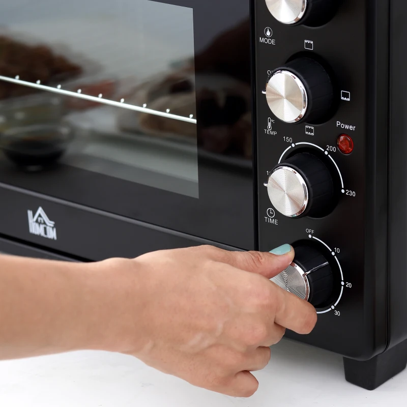 HOMCOM Mini Forno Elétrico de 32L 1600W com 3 Modos de Aquecimento Temperatura até 230 °C Temporizador Bandeja de Assar Ajustável em 3 Níveis 52,2x38,1x33,5cm Preto