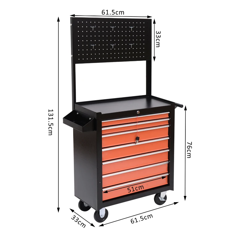 HomCom® Carro de Ferramentas Oficina Móvel 7 Gavetas 1 Fechadura 2 Chaves 4 Rodas – Cor Preto