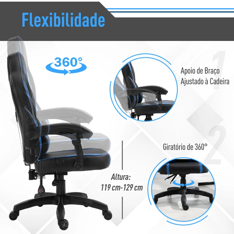 Vinsetto Cadeira gaming para escritório ergonômica reclinável até 135 ° com encosto alto Apoio de braço ajustável 64x69x119-129 cm preto e azul
