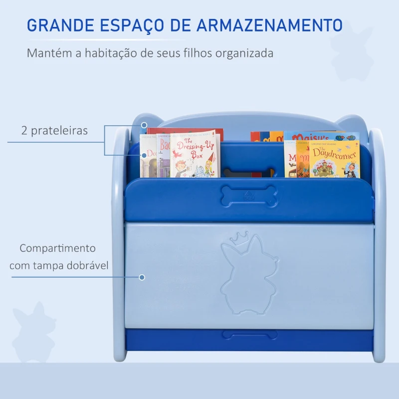 HOMCOM Estante Infantil de Brinquedos e Livros para Crianças com 2 Prateleiras e Caixa de Armazenamento com Tampa Dobrável para Habitação Infantil 70x33x62,5cm Azul