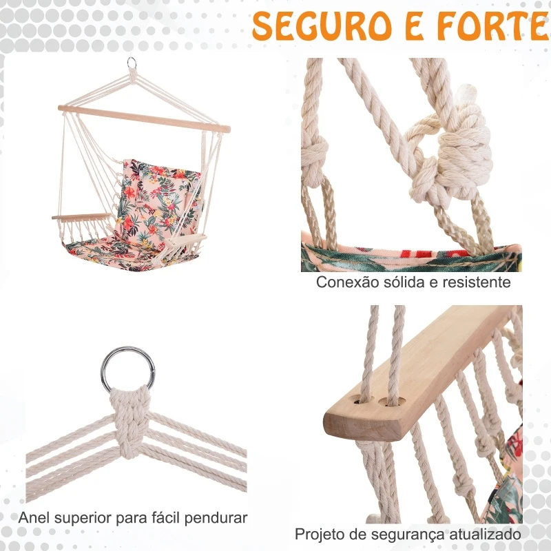 Outsunny Cadeira Rede Suspensa com Estampa Floral Almofada de Apoio para a Cabeça Cadeira Rede Baloiço para Interior e Exterior Carga Máxima 105kg 100x106cm Multicor
