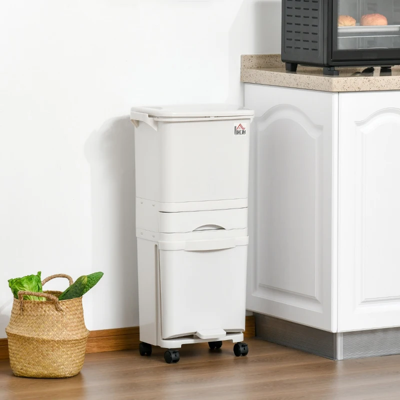 HOMCOM Caixotes de Lixo e Reciclagem 45L Caixote Móvel com Rodas 4 Compartimentos Gaveta Abertura e Fechamento com Botão e Pedal 42x29x83cm Branco