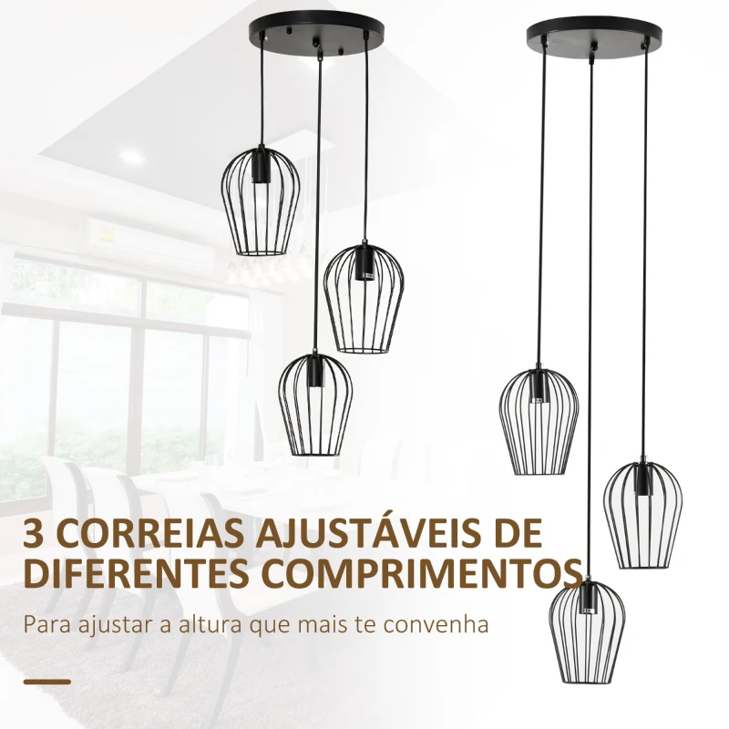 HOMCOM Candeeiro Suspenso Vintage Candeeiro de Teto de Estilo Industrial Candeeiro de Suspensão de Metal para Sala de Jantar Sala de Estar Ø38x145cm Preto