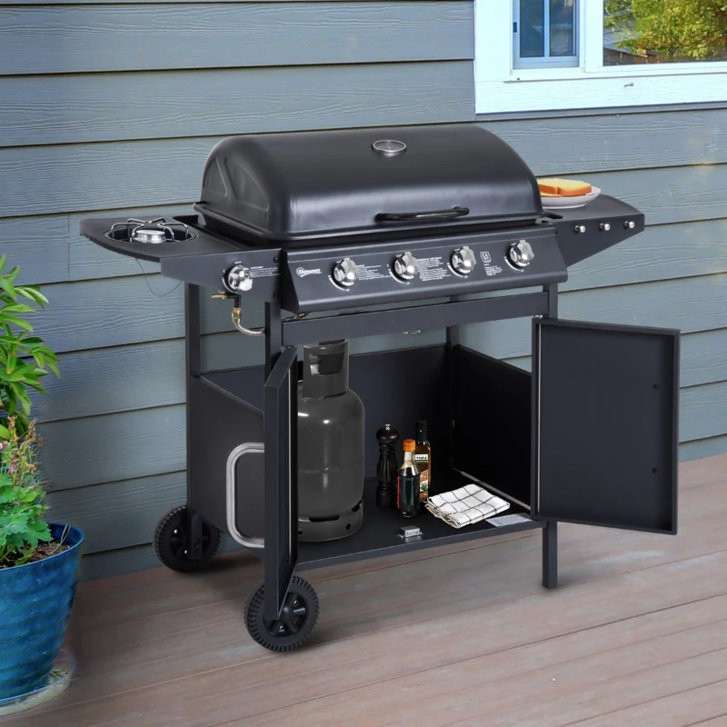 Outsunny Churrasqueira a Gás com 5 Queimadores de Aço Inox. Fogão e Grelha com Tampa e Rodas 125x51x100 cm Preto
