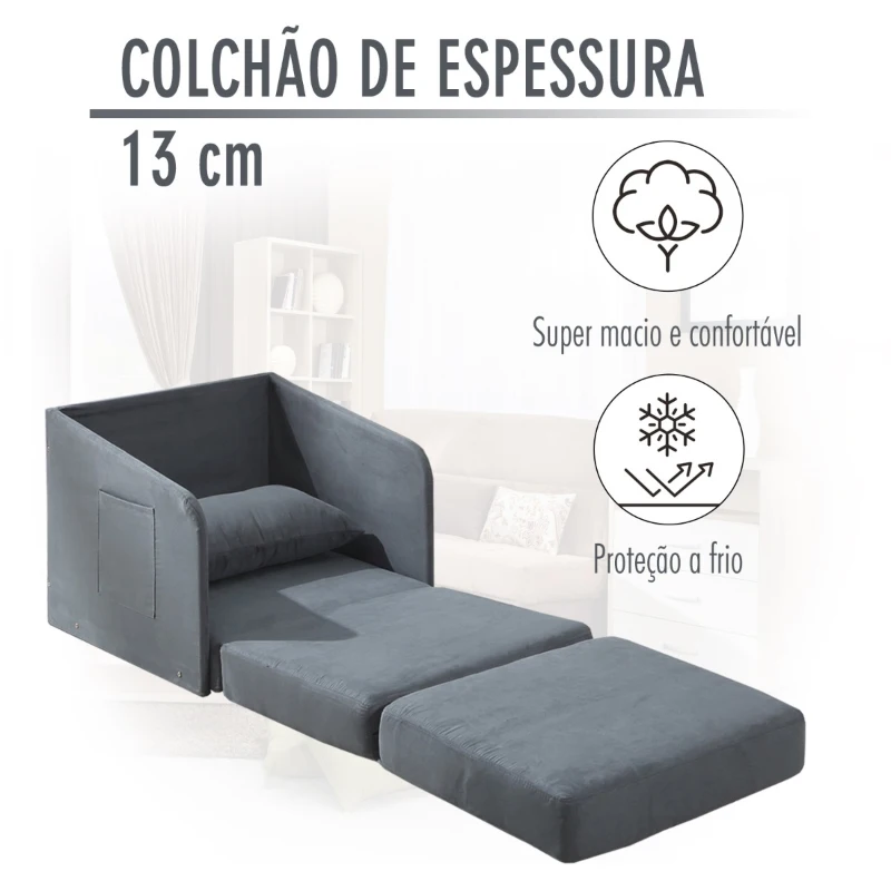 HOMCOM Sofá-cama de solteiro com braços para a sala Bolsos do quarto do estúdio em 2 lados com 1 carga de travesseiro 150kg 70x74 × 78cm Cinza  