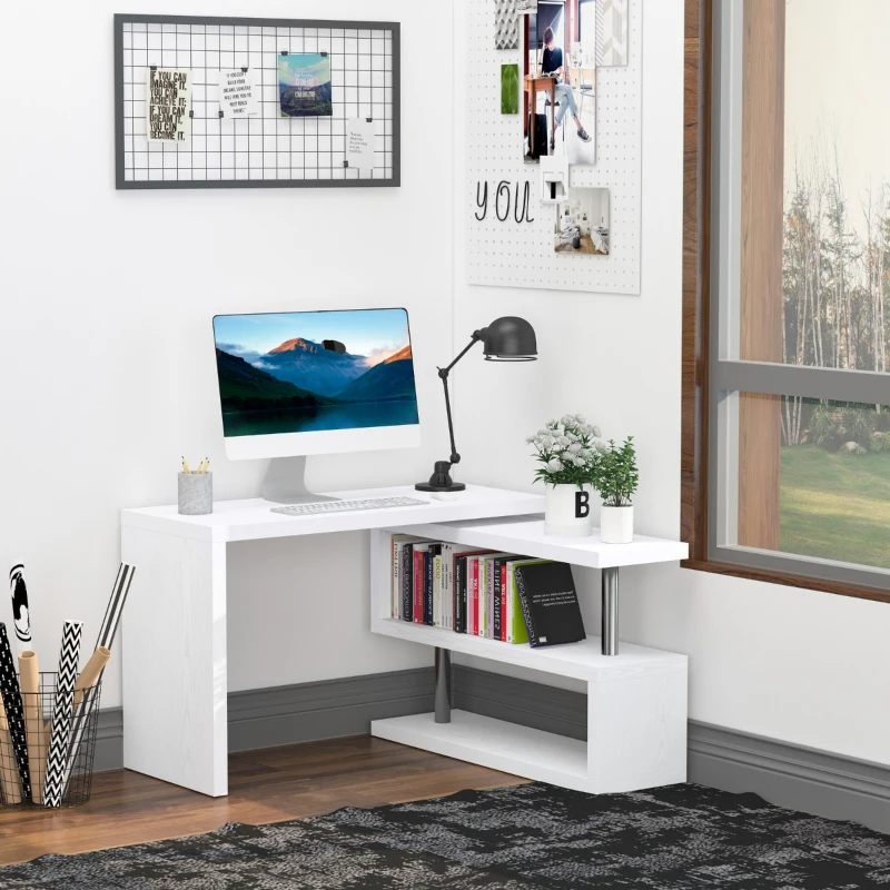 HOMCOM Secretária de Canto Giratória 360º Secretária em Forma de L com Prateleiras para Escritório Casa 114x120x76,1cm Branco