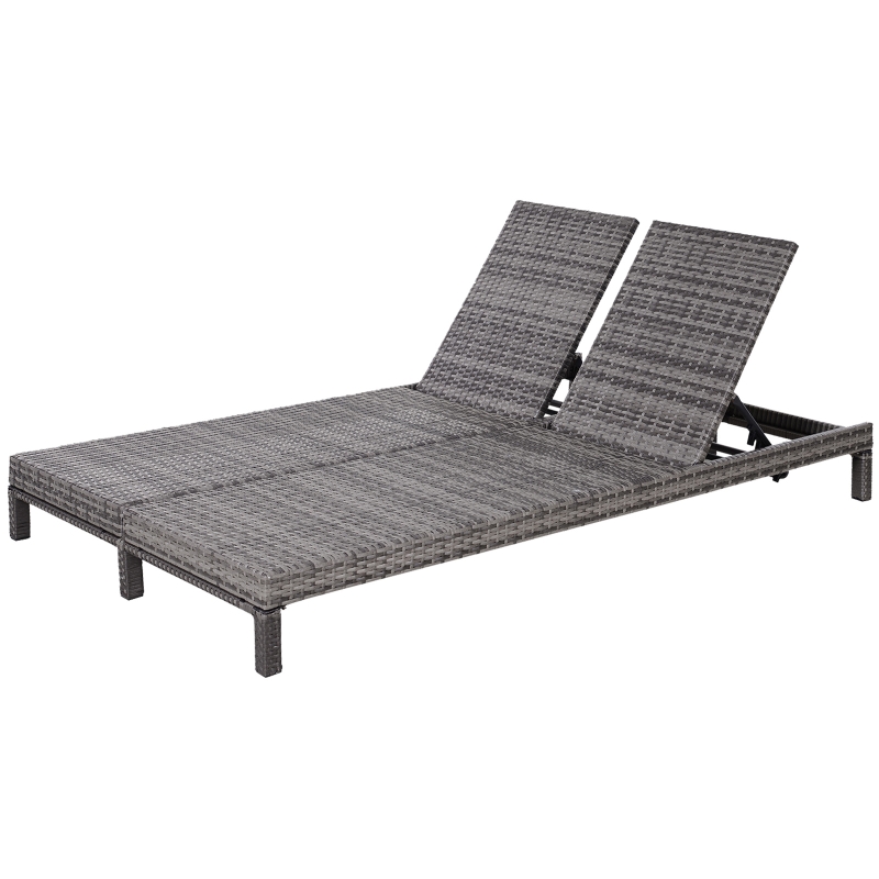 Outsunny Conjunto de Espreguiçadeiras Exterior de Vime 2 Lugares com Almofadas Acolchoadas Resistente à Água com Encosto Ajustável em 5 Níveis Suporta 220kg 195x120x28cm Cinza