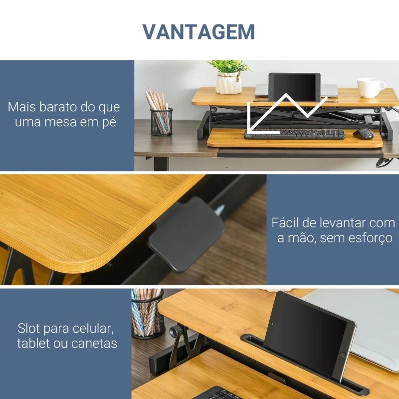 Vinsetto Suporte Elevador para Computador com Altura Ajustável Bandeja para Teclado e Suporte para Tablet Removível Elevador a Gás 80x40x13,5-51cm Madeira Natural