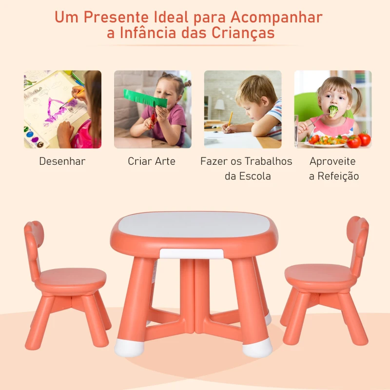 HOMCOM Conjunto de Mesa Infantil e 2 Cadeiras com Quadro Branco Multifuncional para Crianças acima de 12 Meses 64,4x52x45,6 cm Vermelho Coral