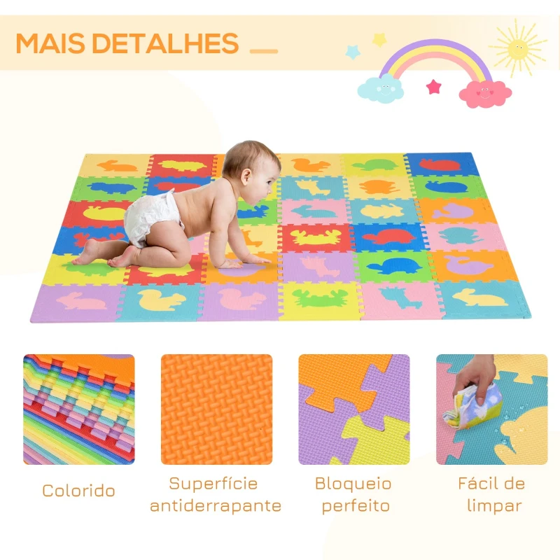 HOMCOM Tapete Puzzle para Bebés 36 Peças 31,5x31,5cm Quebra Cabeças Infantil Modelo de Animais de Espuma EVA Área de Cobertura 3,24m² Multicor