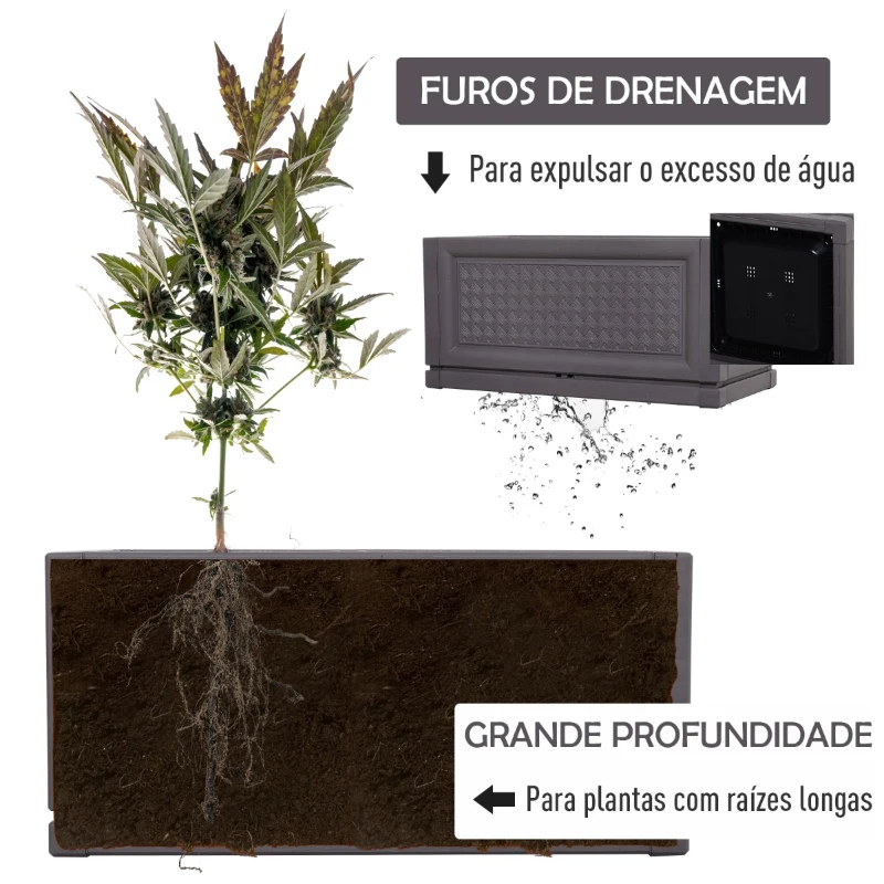 Outsunny Vaso retangular para flores e legumes com orifícios de drenagem 60x30x29 cm
