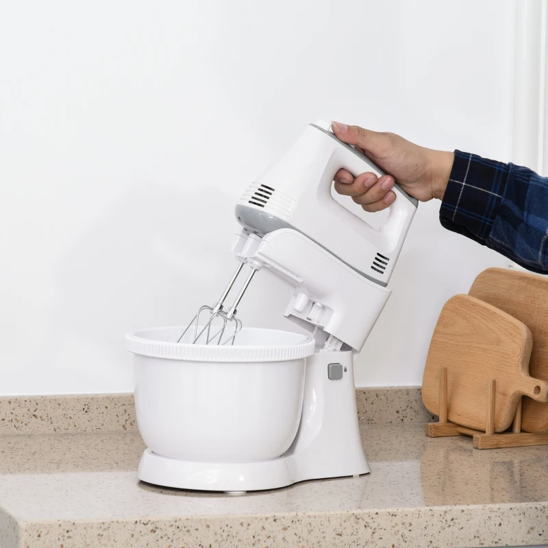 HOMCOM Batedeira de Pastelaria Profissional Multifuncional Robô de Cozinha 3.4 litros com 6 velocidades Inclui 3 cabeças 300 W de aço inoxidável branco