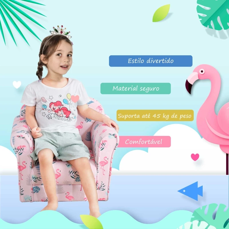 HOMCOM Poltrona para Crianças acima de 3 Anos com Desenhos de Flamingos Estrutura de Madeira e Estofado em Flanela 50x39x44 cm Rosa