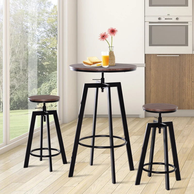 HomCom® Conjunto de Mesa e 2 Tamboretes Móveis para Bar Restaurante Conjunto de 3 peças de madeira e aço ajustável