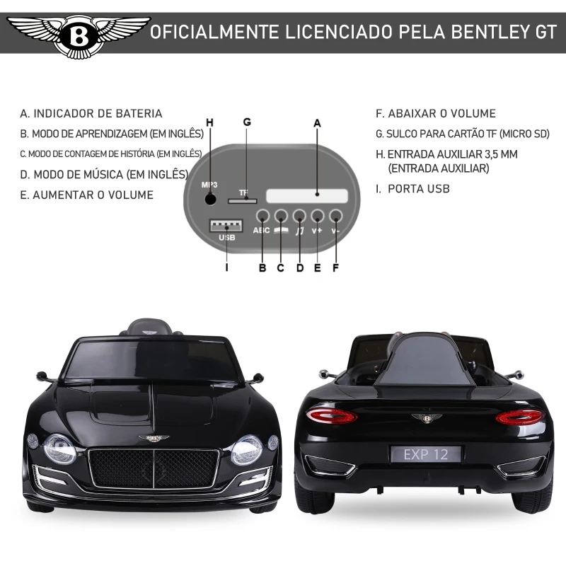 HOMCOM Bentley GT elétrico licenciado para crianças de 3-5 anos 2 velocidades com controle remoto farois musica preto
