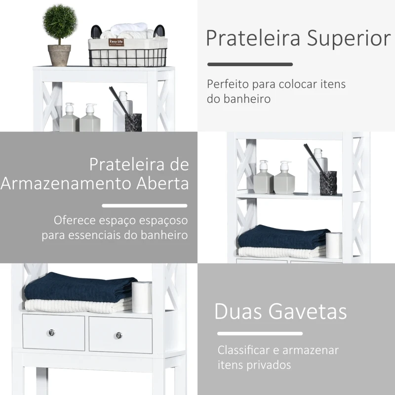 Kleankin Armário de banheiro com 3 prateleiras e 2 gavetas com dispositivo anti-queda 60x20x165 cm Branco