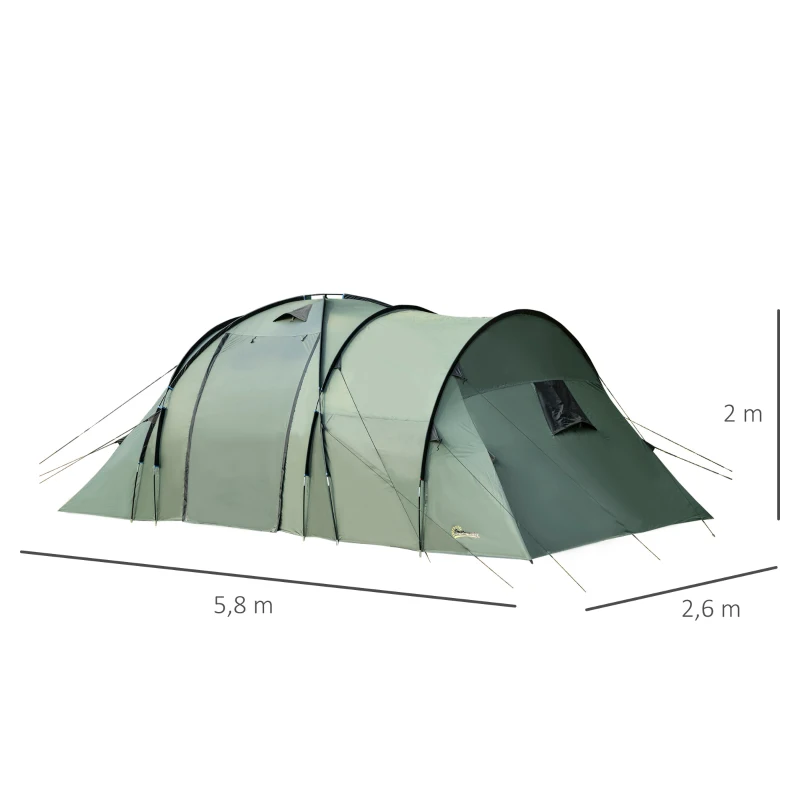 Outsunny Tenda Impermeável para 5 Pessoas 2000mm com 4 Janelas vestíbulo e 2 Salas para Acampamento 580x260x200 cm Verde