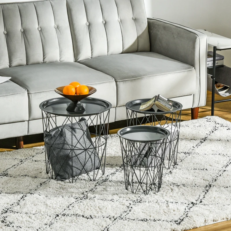 HOMCOM Conjunto de 3 mesas laterais empilháveis Cestos de metal com bandeja removível e espaço de armazenamento Estilo moderno para sala de estar Diâmetro Ø43 Ø35 e Ø30 cinza