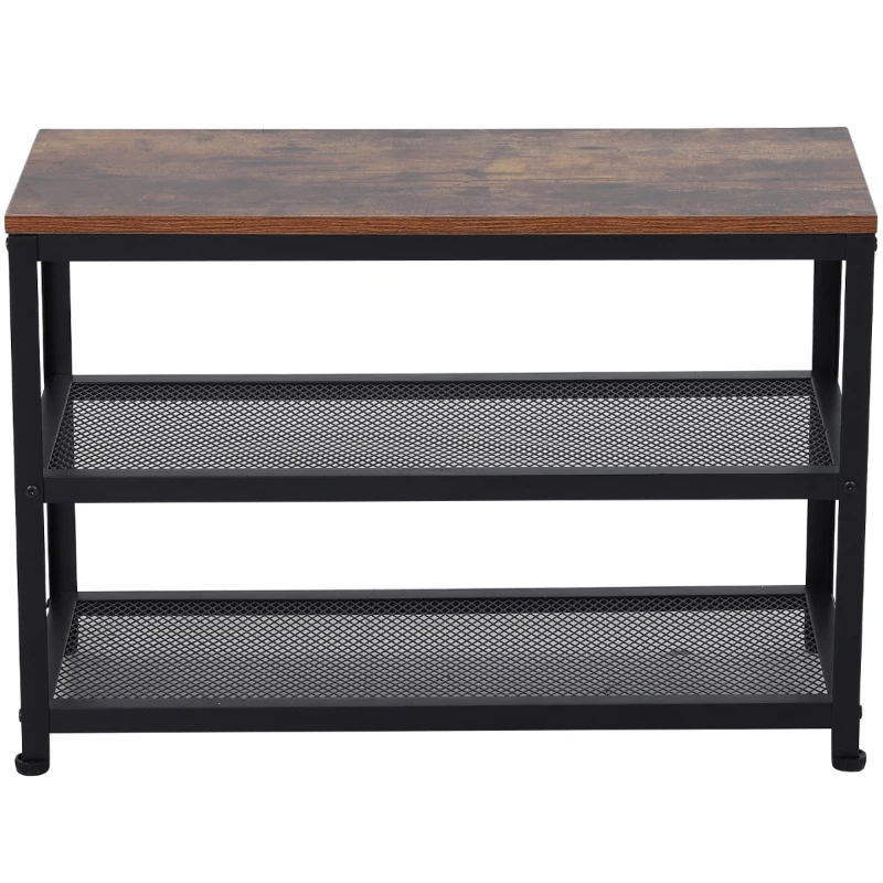 HOMCOM Banco Sapateira de Estilo Industrial Móvel para Sapatos com 2 Prateleiras de Grade 70x30x48cm Madeira e Preto