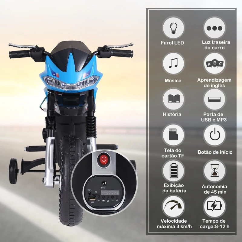 HOMCOM Mota Elétrica Infantil Motocicleta para Crianças acima de 3 anos Bateria 6V com Luzes e Música 105x52,3x62,3 cm Azul