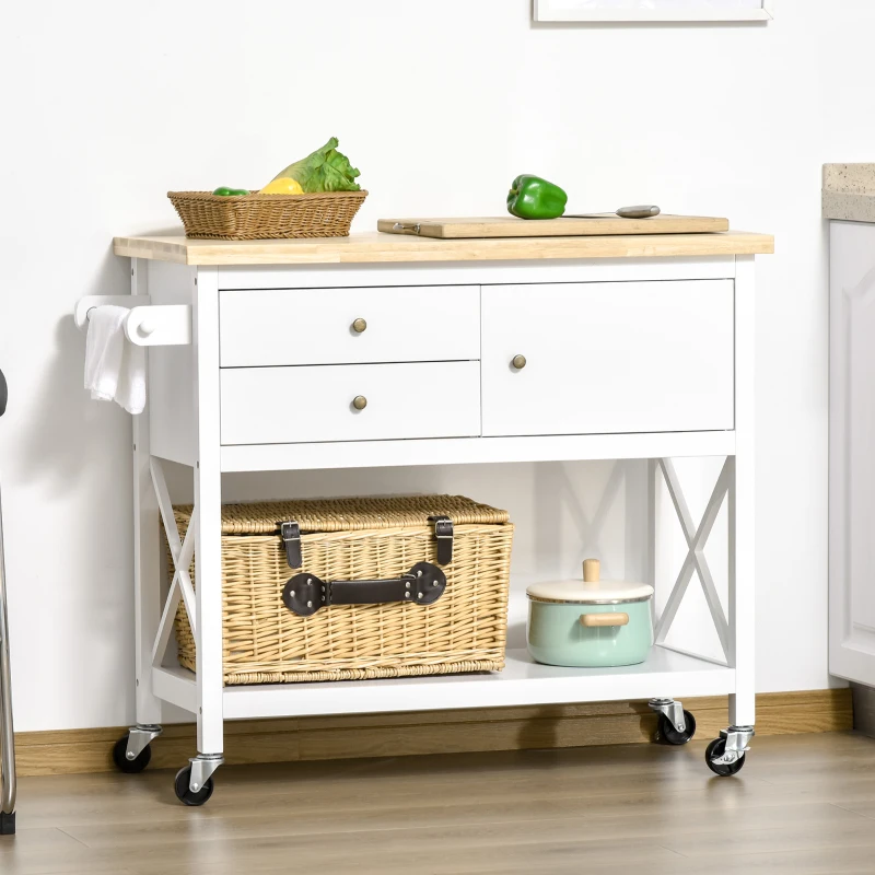 HOMCOM Carrinho de Cozinha com Rodas Aparador Multifuncional com Armário 2 Gavetas Prateleira e Barra para Panos 108x45x89cm Branco