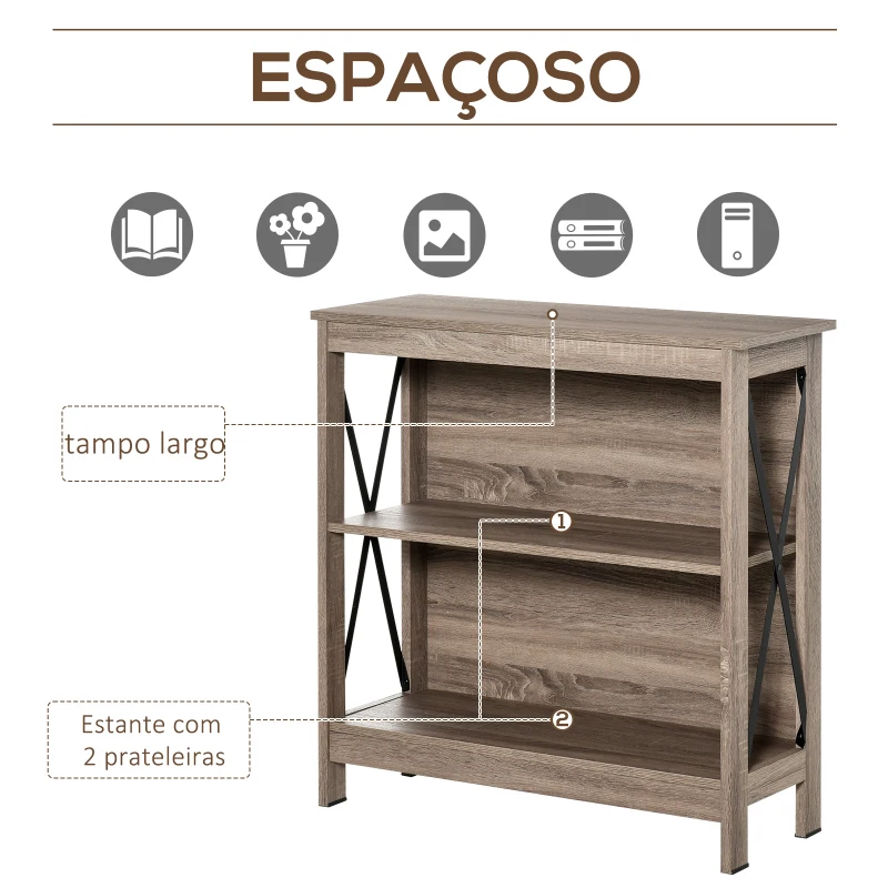 HOMCOM Estante de madeira de 2 níveis com laterais reforçadas para livros Fotos Plantas 80x30x82 cm Carvalho