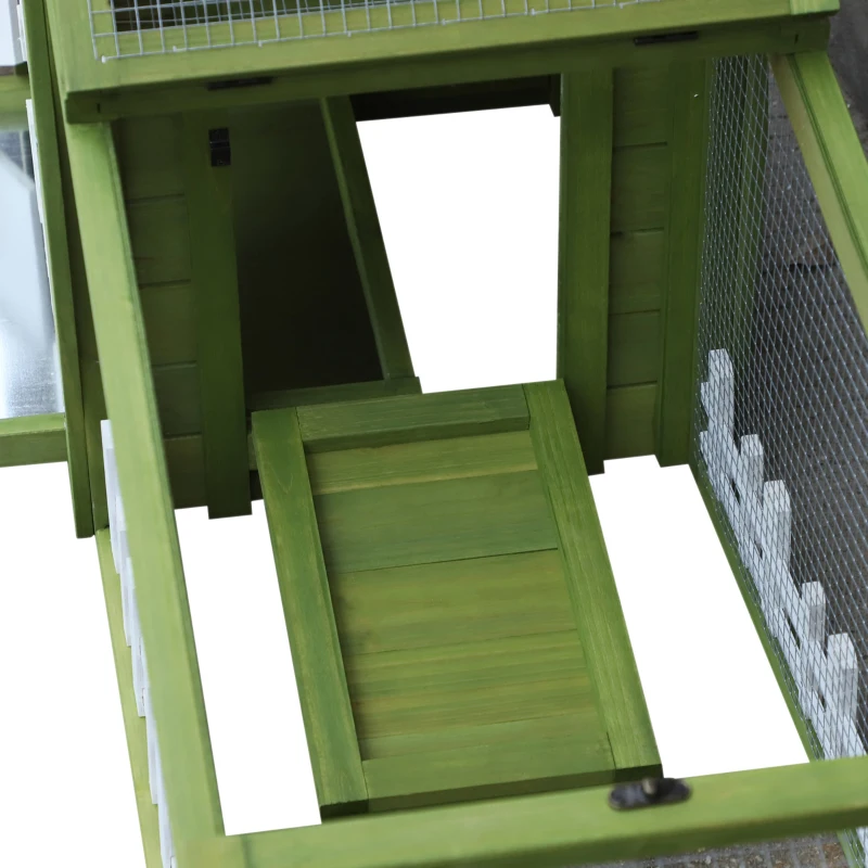 PawHut Coelheira de madeira Galpão Externo com Bandeja Removível e Telhado Asfáltico 156x65x65 cm Verde e Branco