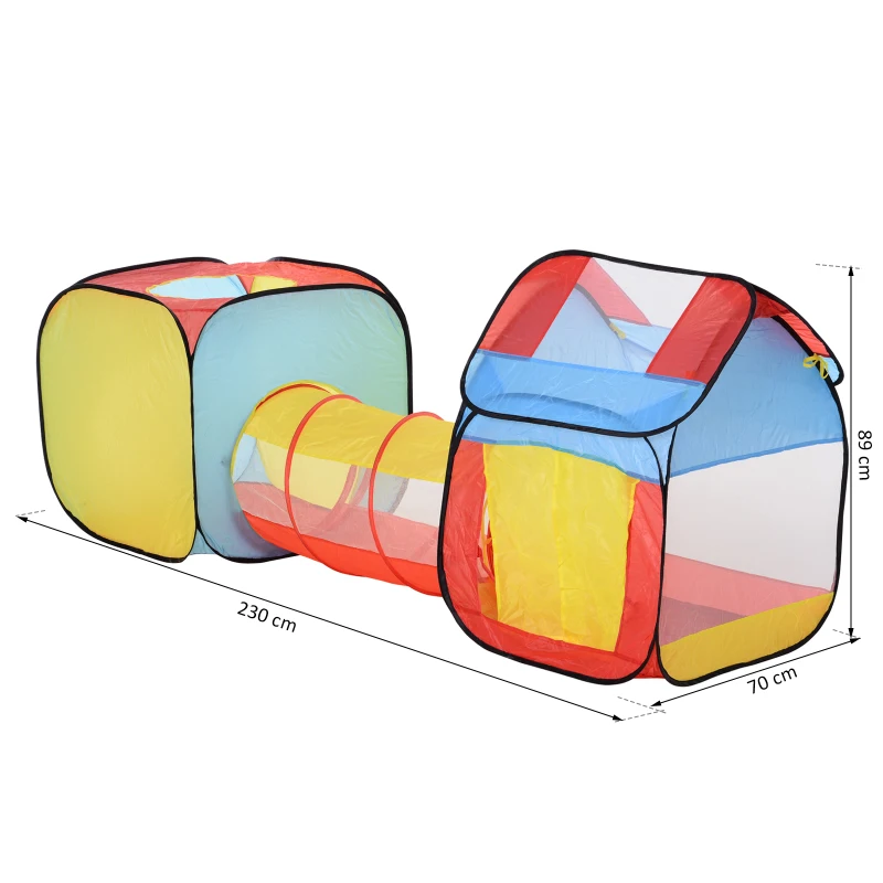 HOMCOM 3 em 1 tenda 1 túnel com 2 tendas Zona infantil e exterior pop-up Poliéster Mais de 3 anos Vermelho Amarelo Azul