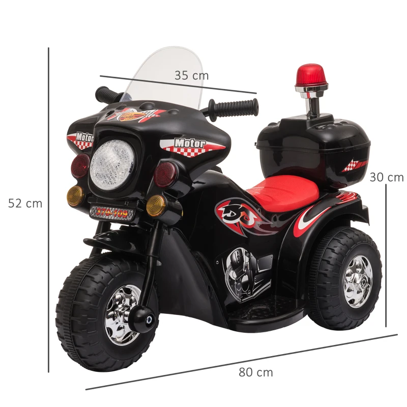 HOMCOM Mota Elétrica para Crianças de 18-36 Meses Motocicleta Infantil com 3 Rodas e Bateria 6V com Música Buzina Farol Baú 80x35x52cm Preto