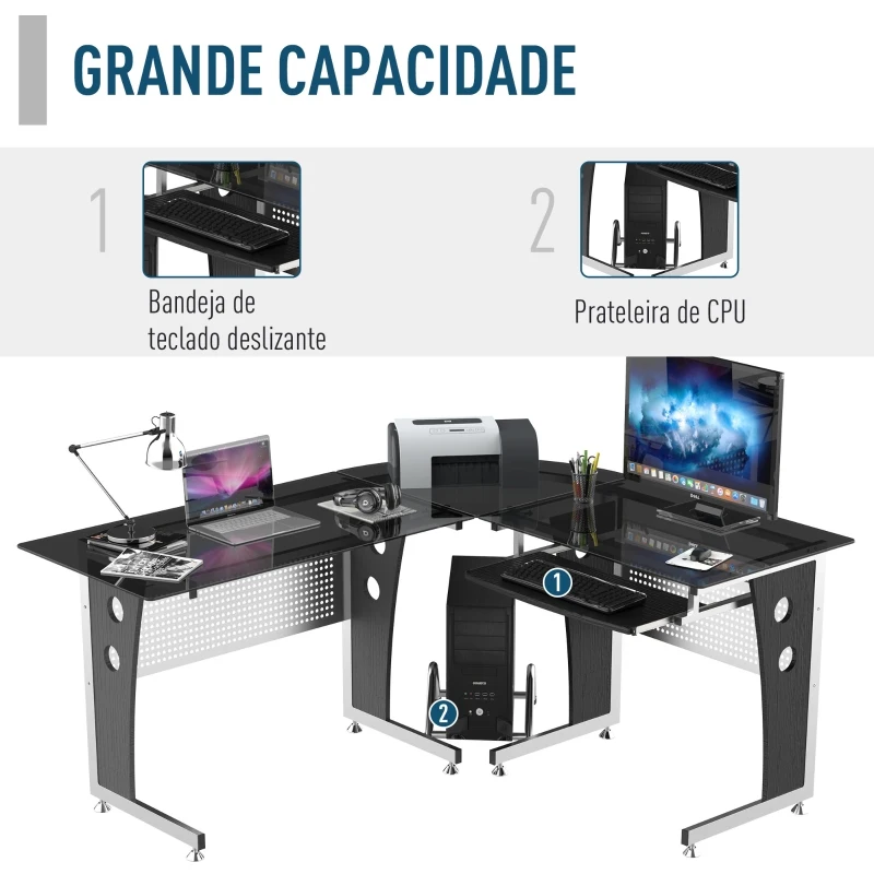 HomCom Secretária de Vidro para Computador de Canto em Forma de “L”