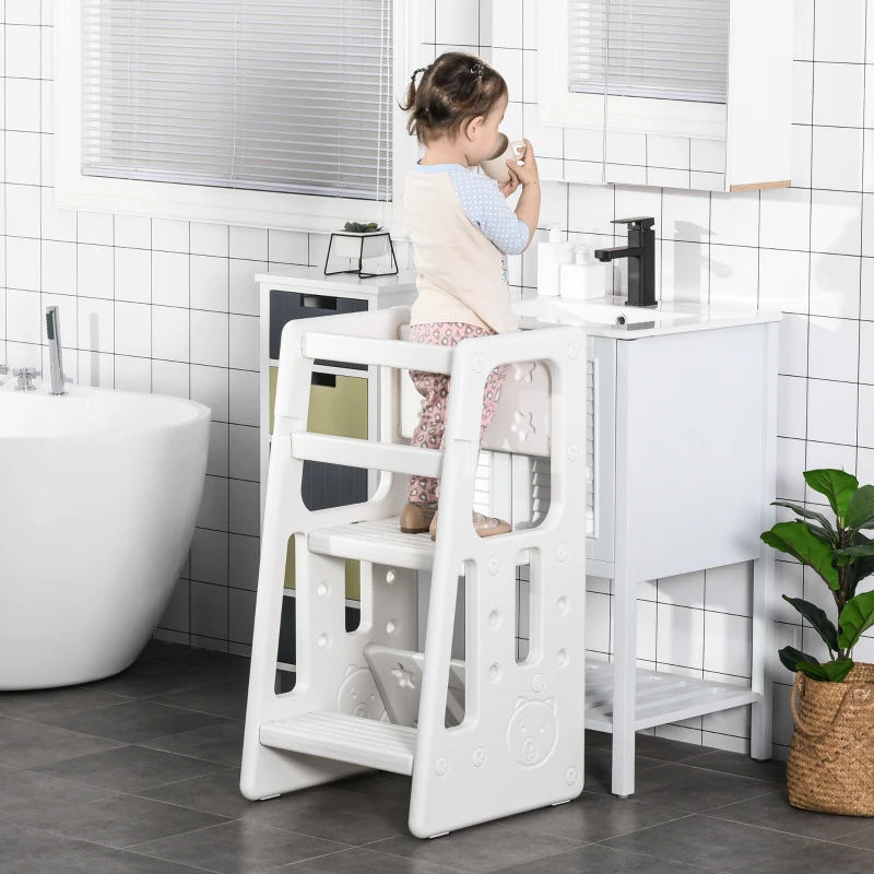HOMCOM Torre de Aprendizagem para Crianças Banco Infantil com Altura Ajustável em 3 Posições e Plataforma Antiderrapante para Cozinha Sala de Jantar Casa de Banho 47x47x90cm Branco