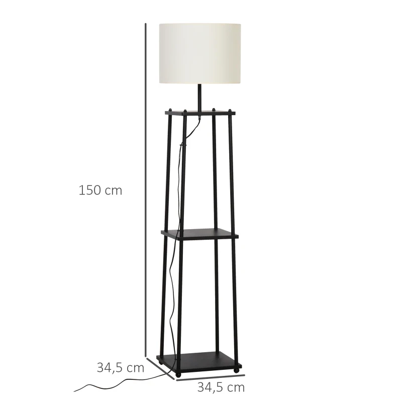 HOMCOM Lâmpada de assoalho com 3 prateleiras Interruptor de pedal 34.5x34.5x150 cm Preto e creme