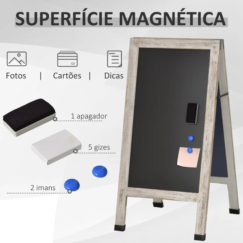 Vinsetto Painel publicitario Magnético Dobrável com Dupla Face cavalete de Madeira com Apagador 2 Imás e 5 Gizes 51x58x98,5cm Preto e Madeira