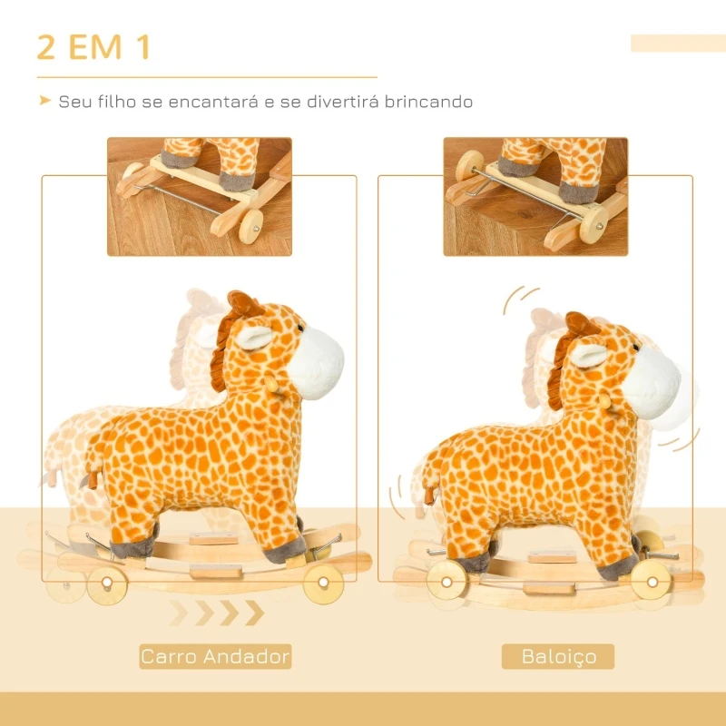 HOMCOM Baloiço Infantil em Forma de Girafa para Crianças acima de 3 Anos Baloiço 2 em 1 com Rodas e Sons 63x38x63cm Multicolor