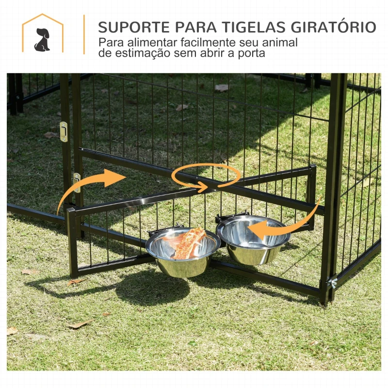 PawHut Parque para Cães com Toldo Suporte Giratório 2 Tigelas Incluídas para jardim 141x141x151cm Preto Marrom