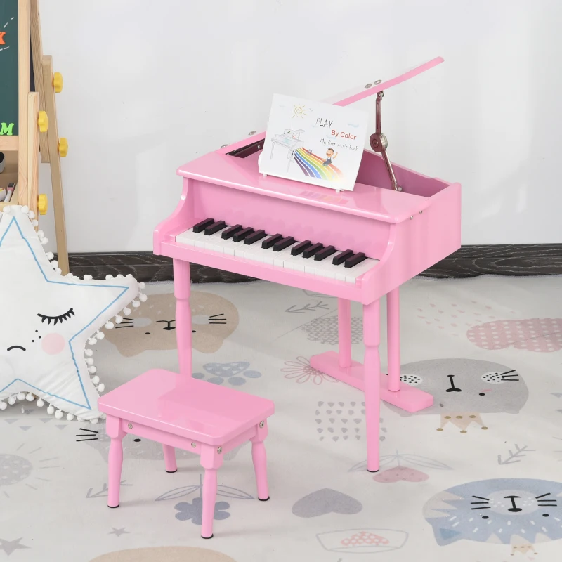 HOMCOM Piano de Cauda Infantil com 30 Teclas Banco Suporte de Partituras Piano para Crianças de MDF Instrumento Musical Educativo 52x50x49cm Rosa