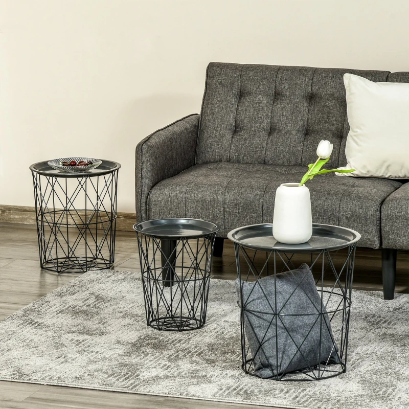 HOMCOM Conjunto de 3 mesas laterais empilháveis Cestos de metal com bandeja removível e espaço de armazenamento Estilo moderno para sala de estar Diâmetro Ø43 Ø35 e Ø30 cinza