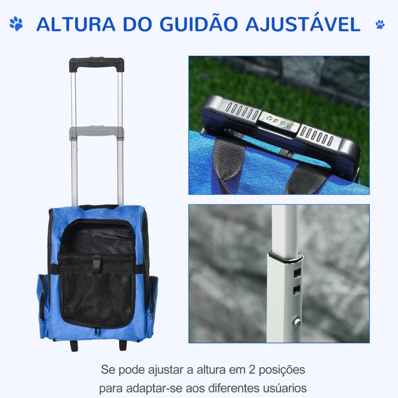 PawHut Transportadora para Animais de Estimação 2 em 1 Mochila de Viagem com 2 Rodas para Cães Gatos com Alça Retrátil de Alumínio e Bolso de Armazenamento 42x25x55cm Azul