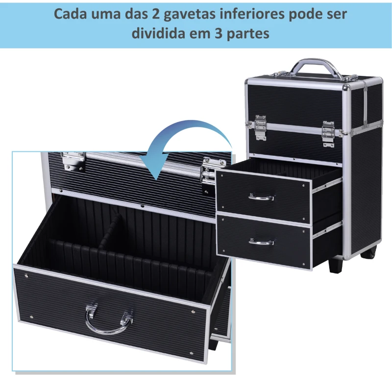 HOMCOM Estojo profissional portátil de maquiagem com 6 gavetas extensíveis, fechadura, rodas e alça retrátil 36x23x58 cm preto