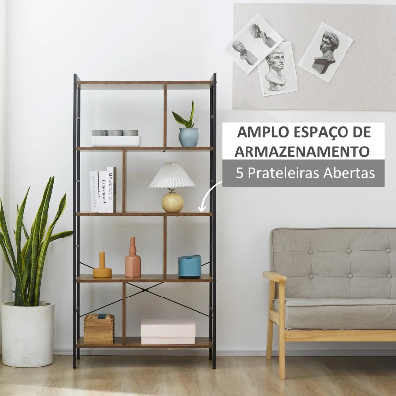 HOMCOM Estante para Livros de 4 Níveis com 8 Compartimentos de Armazenamento Estilo Industrial para Sala de Estar Escritório Dormitório 74x30x157,5cm Marrom Rústico