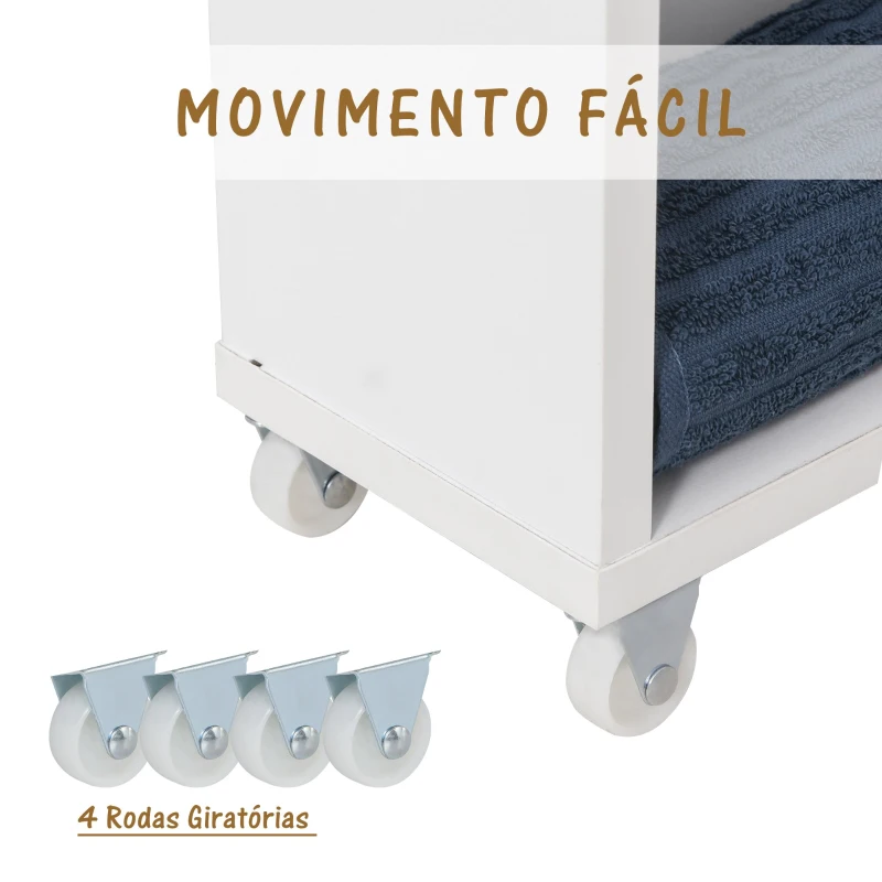 Kleankin Armário de casa de banho auxiliar Carrinho de armazenamento de 3 prateleiras com rodas e alça lateral 50x13x67,5 cm Branco